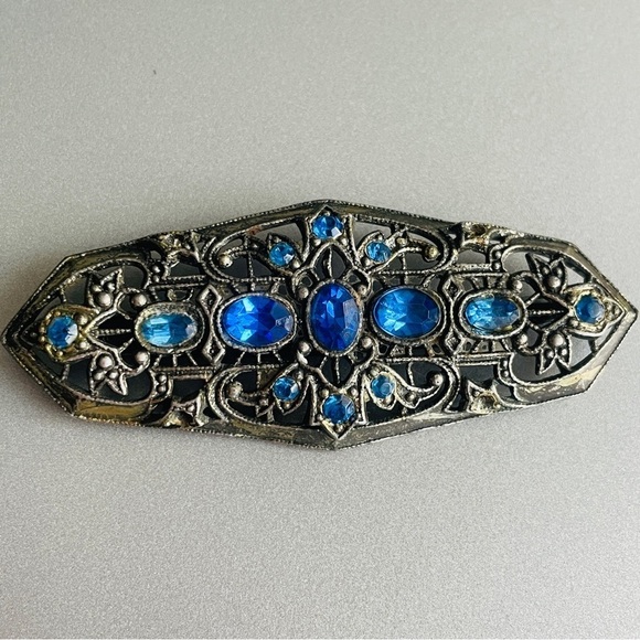 Antique Blue Rhinestone Dark Silver Tone Bar Pin Brooch Art Deco